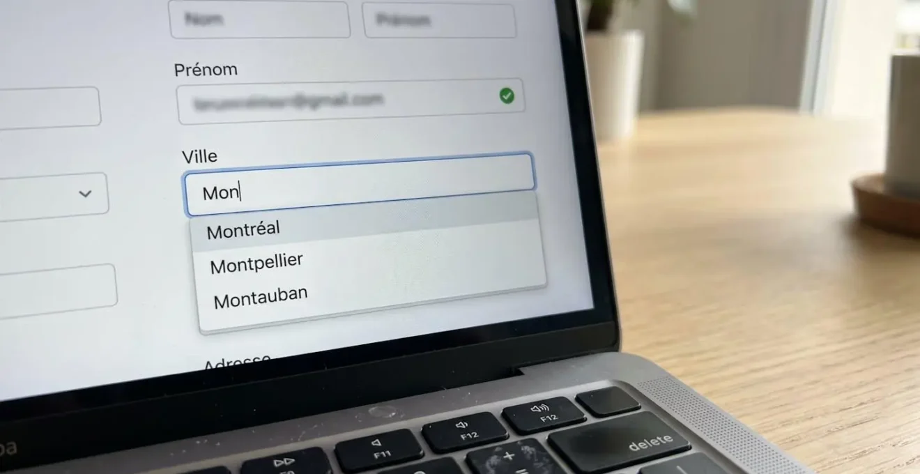 Gros plan sur un écran d'ordinateur affichant une interface de formulaire en ligne avec des champs qui se remplissent automatiquement et des coches de validation vertes