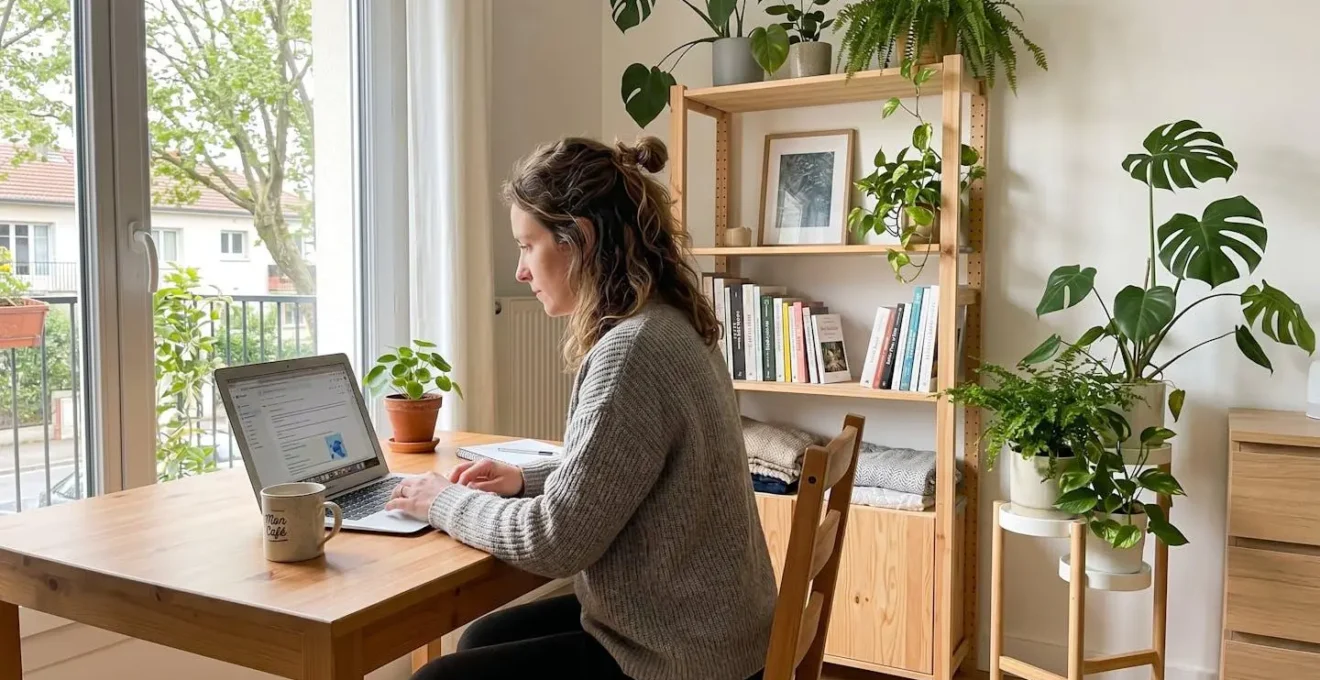 Une femme de 35 ans concentrée consulte un simulateur d'assurance sur son ordinateur portable dans un salon lumineux aux tons clairs