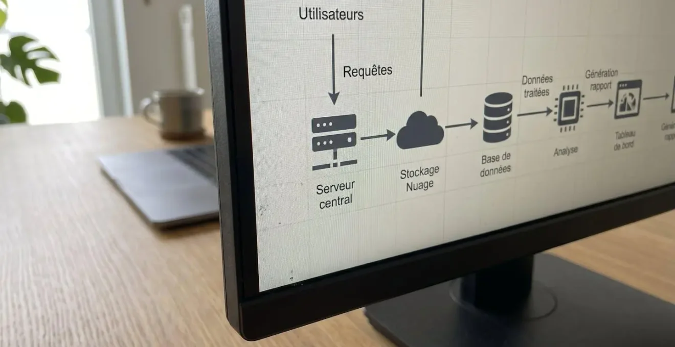 Gros plan sur un écran d'ordinateur affichant un schéma simplifié de flux de données avec des icônes représentant saisie utilisateur, algorithme et estimation de prime